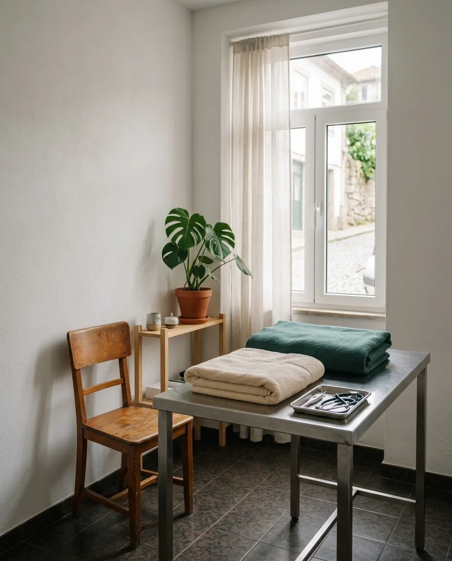 Uma sala de consulta pequena e calma, com mesa, luz suave do dia e uma manta dobrada