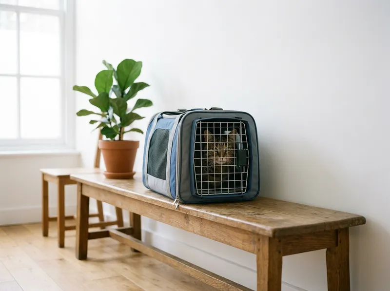 Uma transportadora de gato num banco da sala de espera