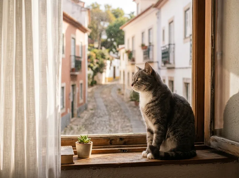 Um gato sentado junto a uma janela com sol