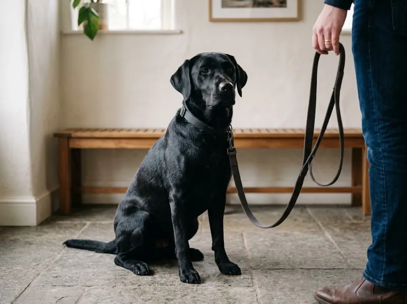 Um cão grande à espera, calmo, com a trela
