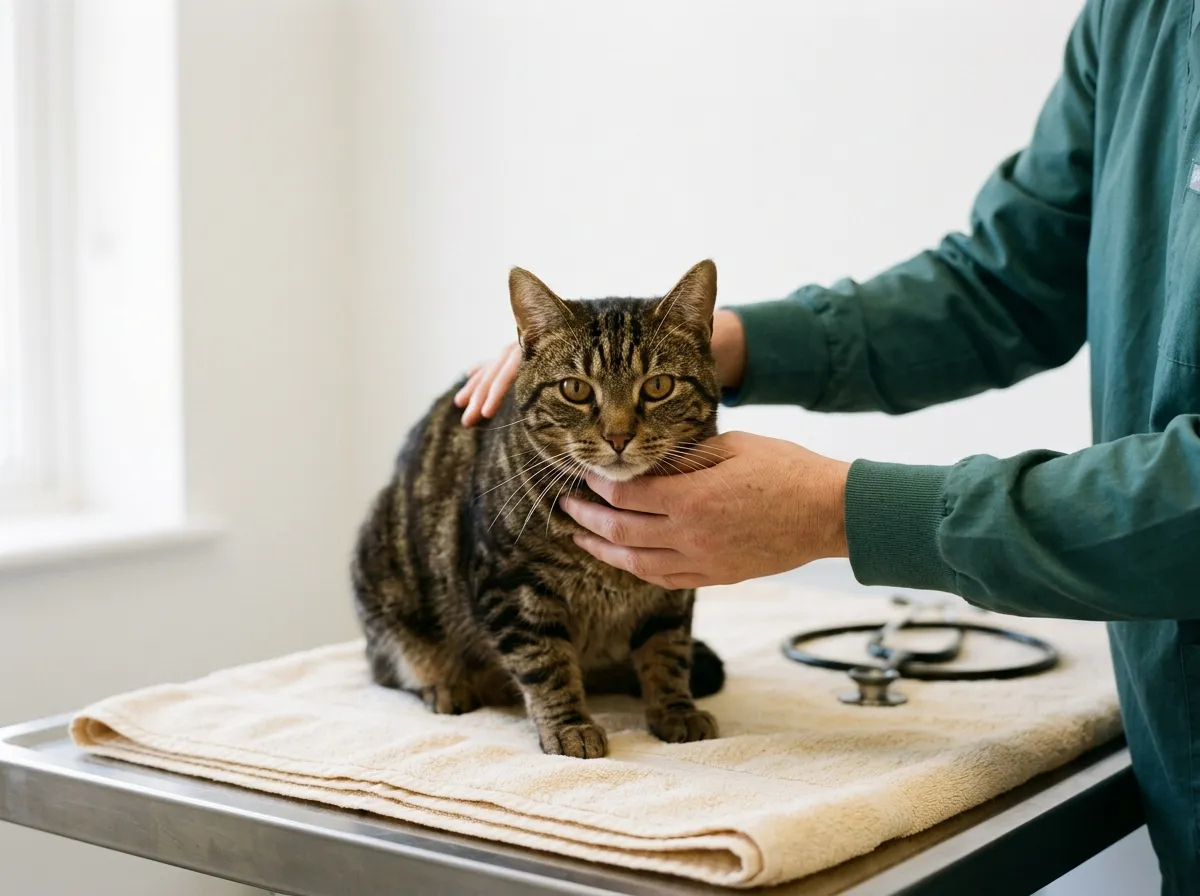 Mãos de uma veterinária a examinar com cuidado um gato malhado na mesa de consulta
