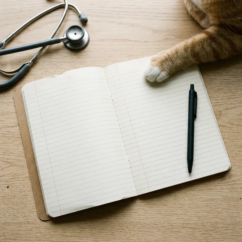 Um caderno aberto e uma caneta numa secretária de consulta ao lado da pata de um gato