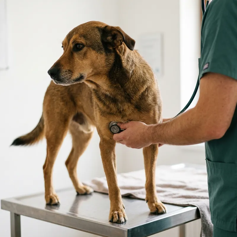 O estetoscópio de uma veterinária no peito de um cão calmo na mesa de consulta