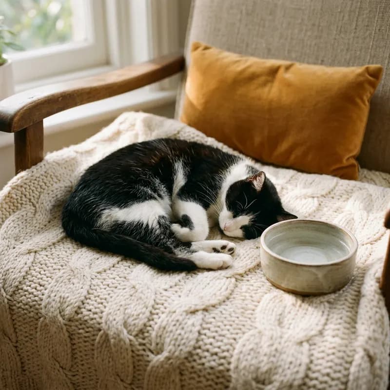 Um gato idoso a descansar numa manta quente ao lado de uma taça de água