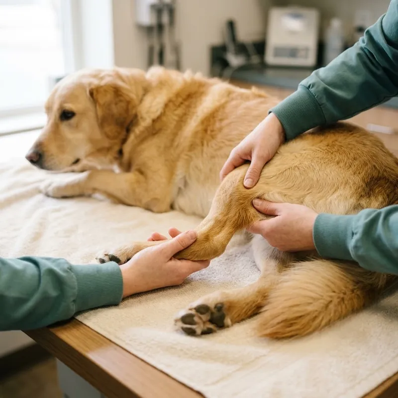 Mãos de uma veterinária a observar a pata de trás de um cão de porte médio