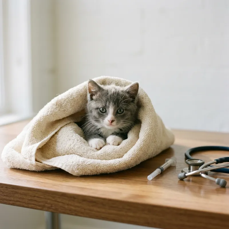 Um gatinho enrolado numa toalha ao lado de uma seringa tapada e de um estetoscópio